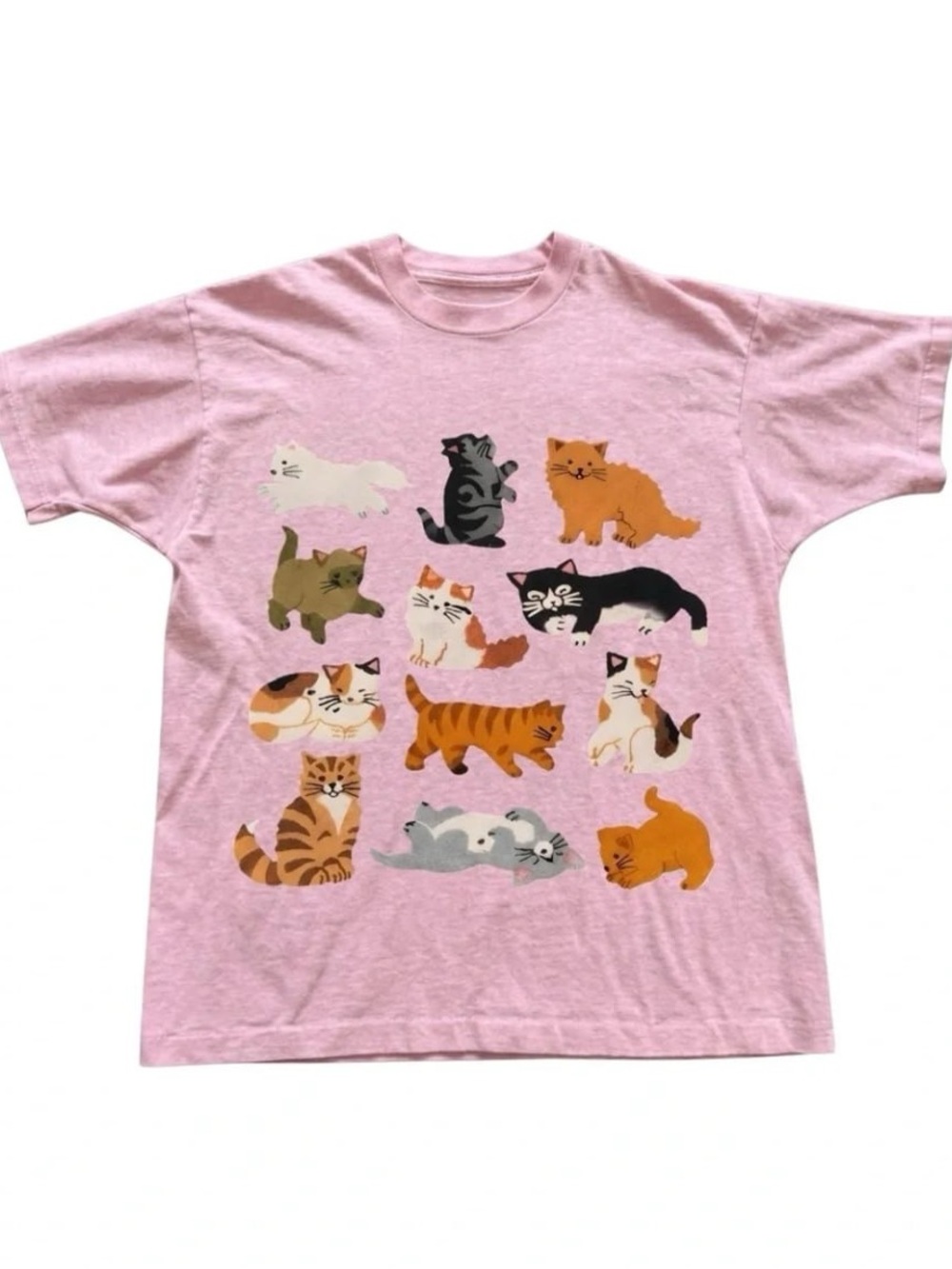 Pink Cat Crewneck Tee with Multicolor Kitten Print